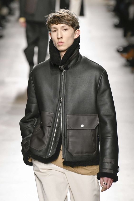 Leather coat with two-way zip